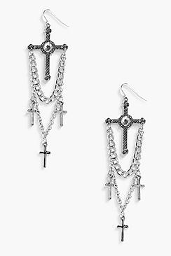 Boohoo Skye Statement Diamante Cross Chain Earrings