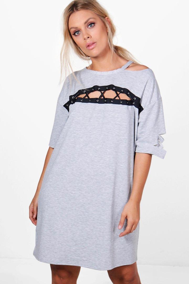 Boohoo Plus Holly Cross Detail Sweat Dress Grey