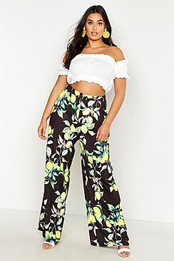 Boohoo Plus Lemon Print Slinky Wide Leg Trousers