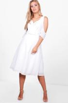Boohoo Plus Lydia Chiffon Frill Cold Shoulder Midi Dress Ivory