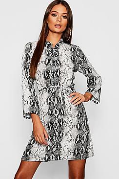 Boohoo Snake Print Tie Waist Shirt Dress