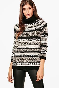 Boohoo Brooke Fluffy Intarsia Roll Neck Jumper