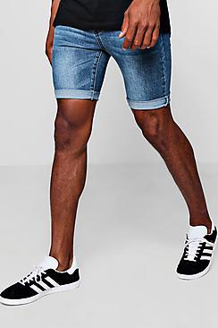 Boohoo Spray On Denim Short In Mid Blue