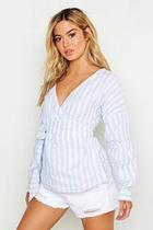 Boohoo Petite Off The Shoulder Stripe Wrap Blouse