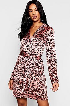 Boohoo Tall Satin Leopard Print Belted Shift Dress