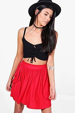 Boohoo Amala Tie Waist Jersey Skater Skirt