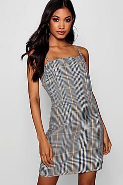 Boohoo Woven Check Tie Square Neck Mini Dress
