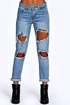 Boohoo Izzy Cloudy Wash Ripped Boyfriend Jeans