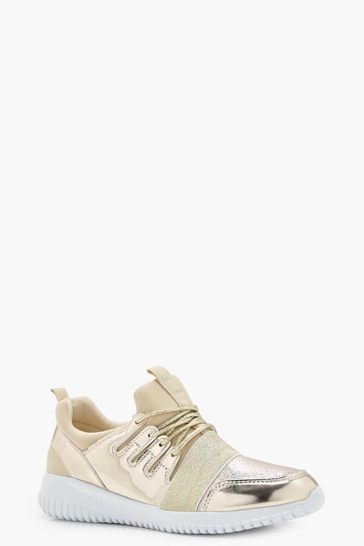 Boohoo Katie Elastic Strap Sports Trainer Gold