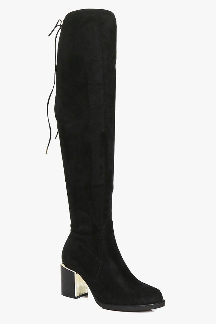 Boohoo Eva Stretch Over The Knee Boot With Gold Trim Black