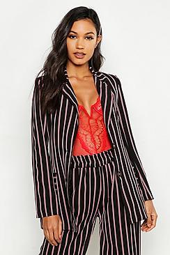 Boohoo Woven Stripe Tie Belt Pocket Blazer