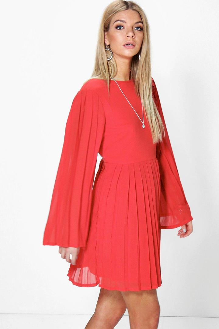 Boohoo Ria Keyhole Pleated Wide Sleeve Skater Dress Poppy
