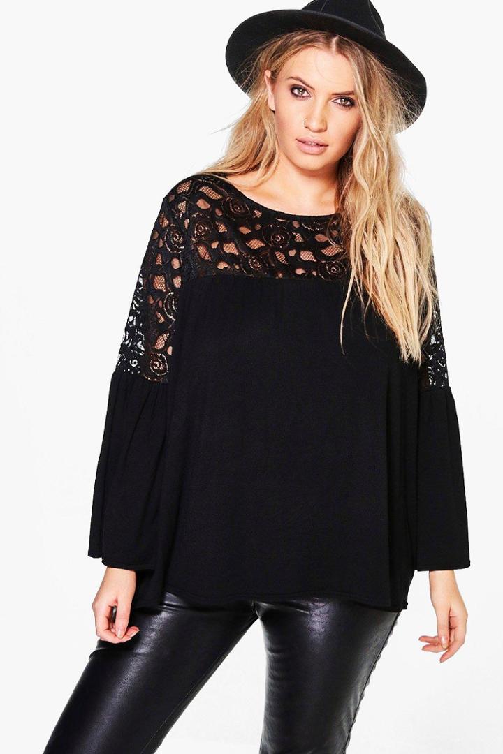 Boohoo Plus Maisie Lace Insert Swing Top Black