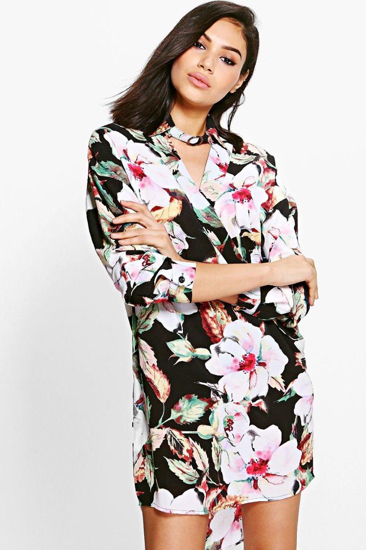 Boohoo Marie Floral Choker Wrap Shirt Dress Black