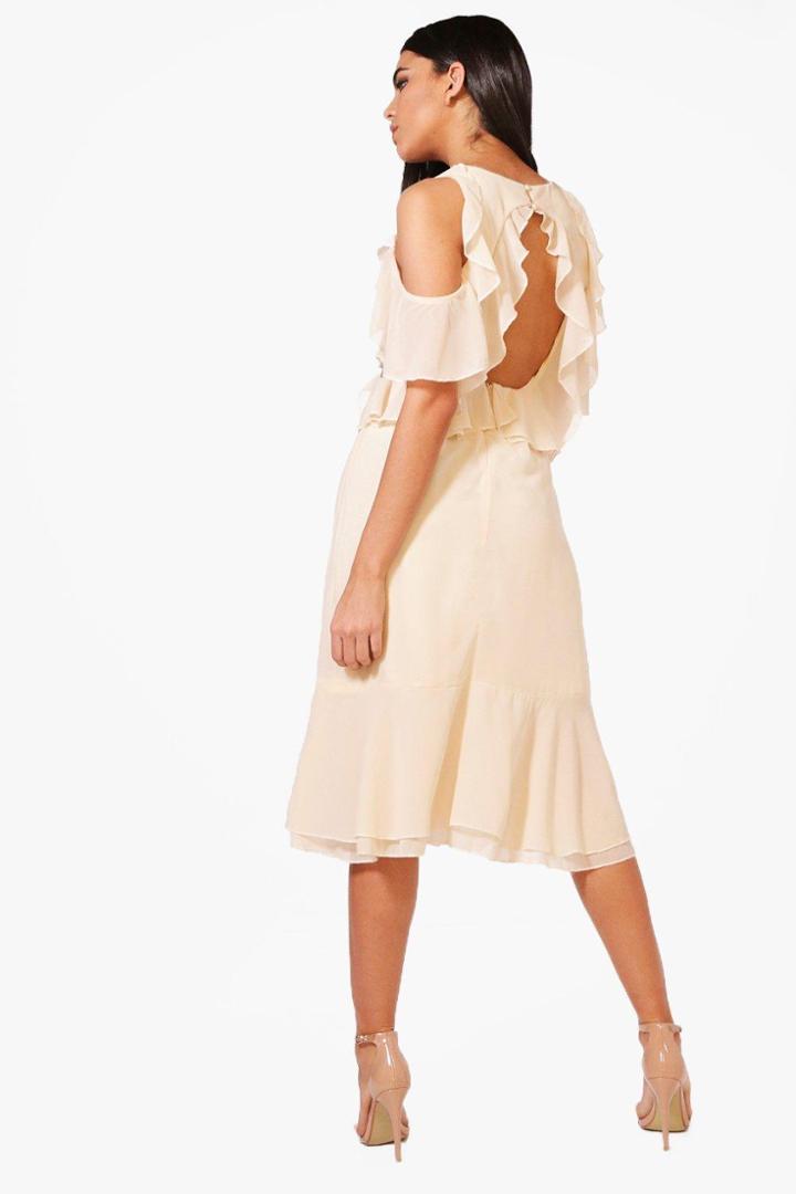 Boohoo Jaclyn Frill Open Back Midi Dress Cream