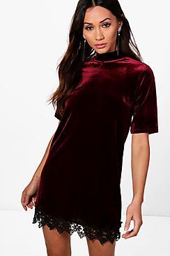 Boohoo Petite Elle Velvet Blue Trim High Neck Shift Dress