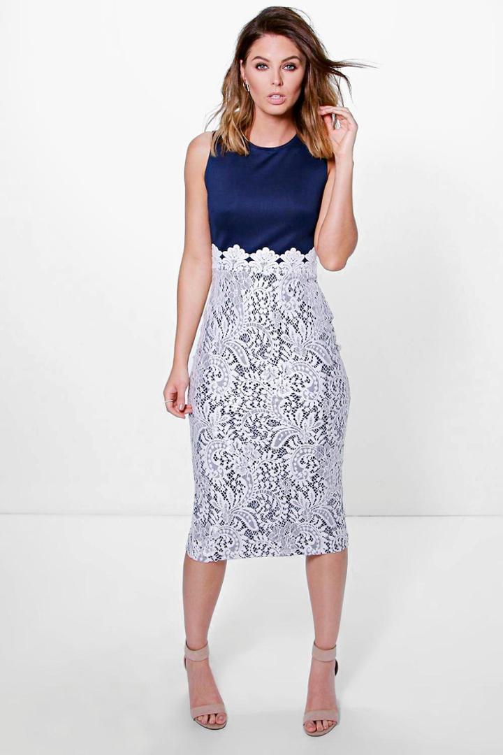 Boohoo Boutique Leni Lace Panel Midi Bodycon Dress Navy