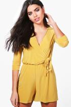 Boohoo Lola Skinny Wrap Over Tie Waist Playsuit Honeydew