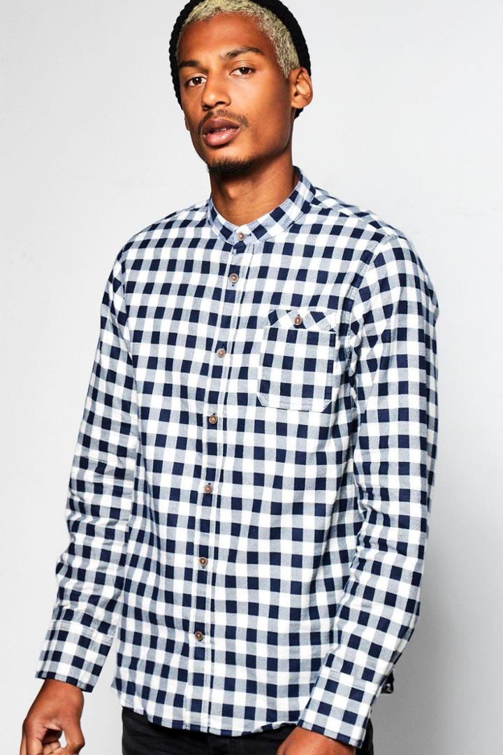 Boohoo Long Sleeve Grandad Collar Flannel Shirt Navy