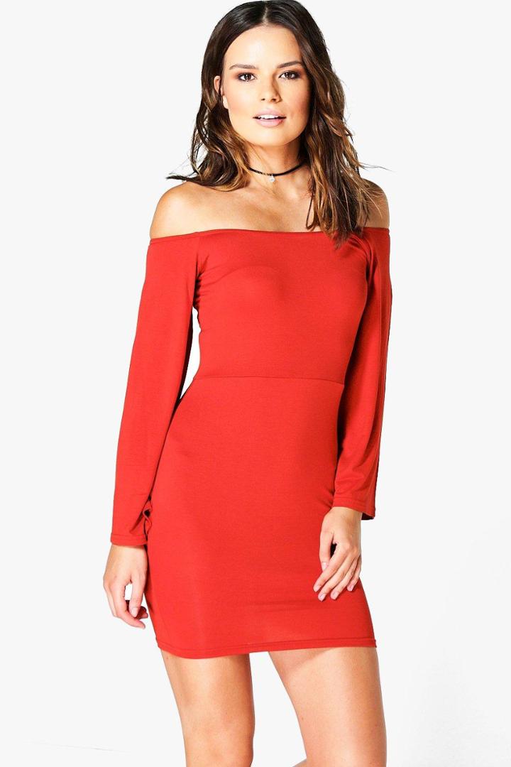 Boohoo Daisy Off The Shoulder Mini Dress Rust