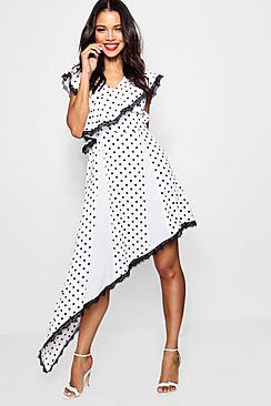 Boohoo Tia Mixed Polka Dot Asymmetric Ruffle Dress