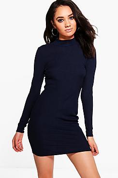 Boohoo Petite Charis Backless Turtle Neck Rib Mini Dress