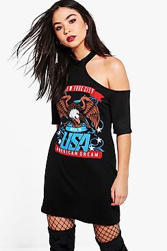 Boohoo Faye Choker Knitted Band Tee Dress
