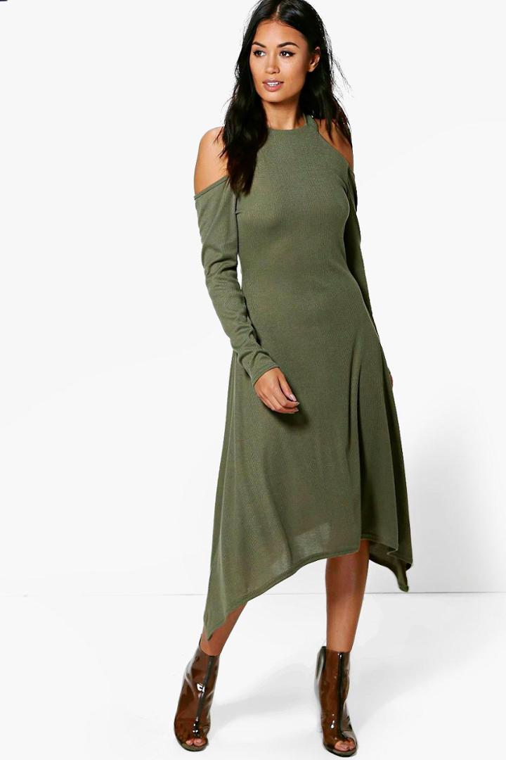 Boohoo Jo Cold Shoulder Asymmetric Rib Midaxi Dress Khaki