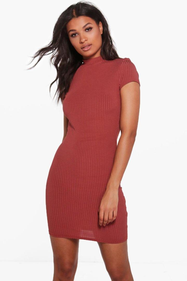 Boohoo Ali High Neck Cap Sleeve Rib Bodycon Dress Cinnamon