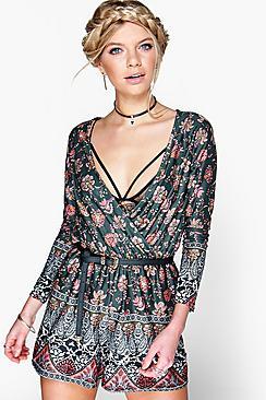 Boohoo Alex Border Print Wrap Front Playsuit