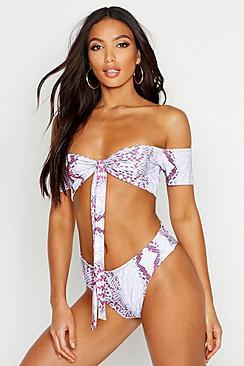 Boohoo Tall Off The Shoulder Snake Bikini