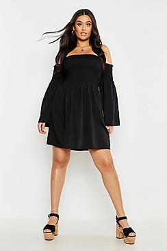 Boohoo Plus Shirred Flare Sleeve Bardot Skater Dress