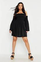 Boohoo Plus Shirred Flare Sleeve Bardot Skater Dress