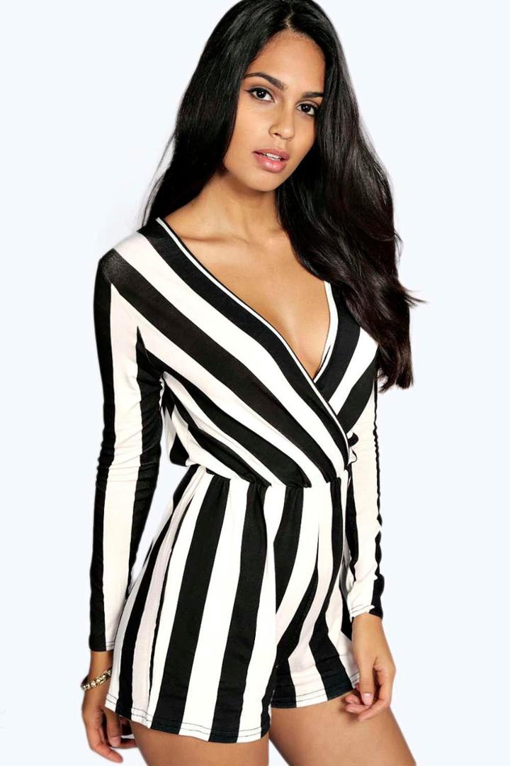 Boohoo Lauren Wide Stripe Wrap Over Playsuit Multi