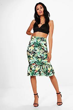 Boohoo Isabel Leafy Palm Print Ruffle Hem Midi Skirt