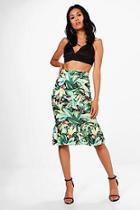 Boohoo Isabel Leafy Palm Print Ruffle Hem Midi Skirt
