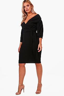 Boohoo Plus Off The Shoulder Wrap Midi Dress