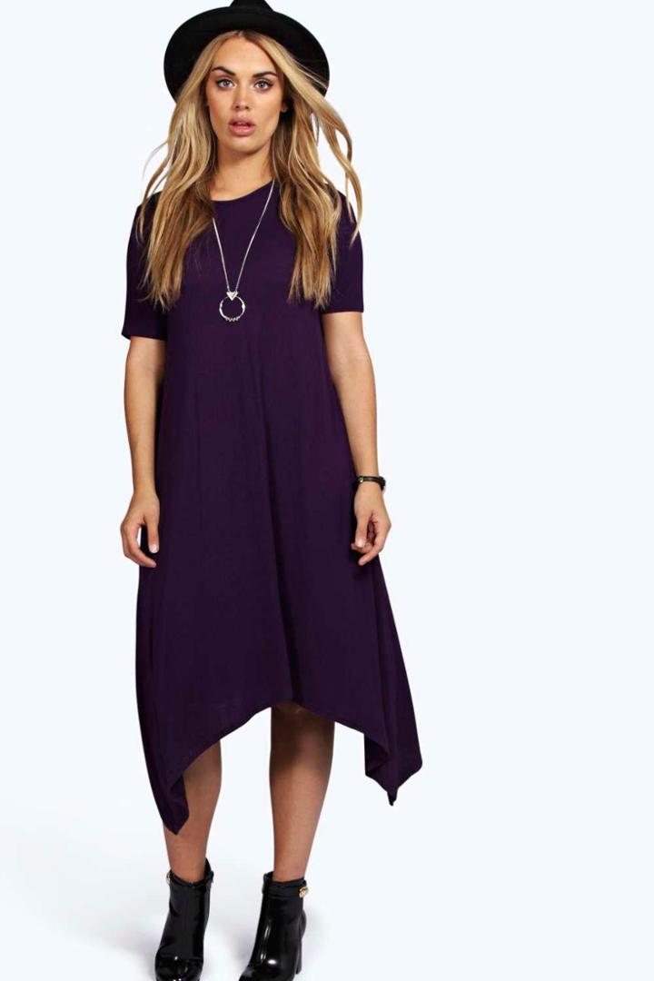 Boohoo Plus Moira Hanky Hem Swing Dress Plum