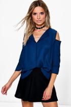 Boohoo Ona Cold Shoulder Piped Pyjama Blouse Blue