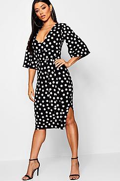 Boohoo Tie Front Polka Dot Midi Dress