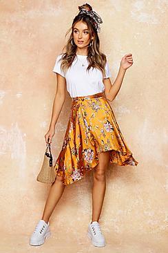 Boohoo Floral Print Hanky Hem Tie Waist Skirt
