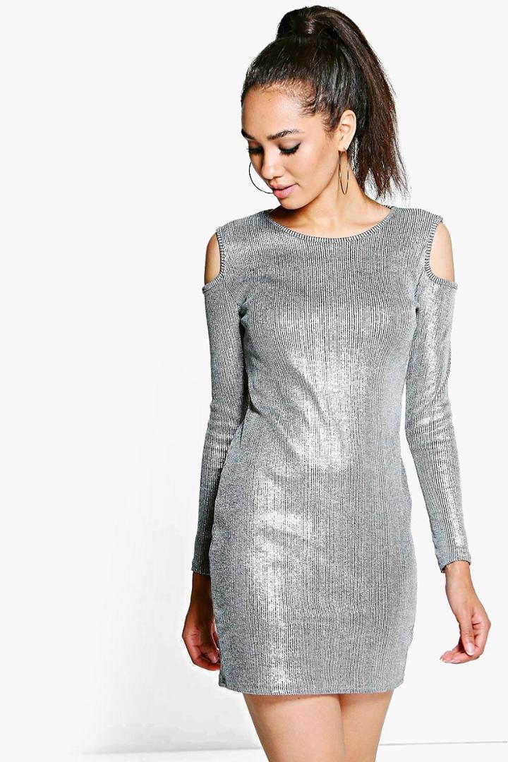 Boohoo Petite Emily Cold Shoulder Metallic Rib Dress Silver