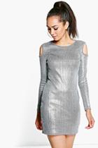Boohoo Petite Emily Cold Shoulder Metallic Rib Dress Silver
