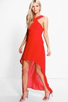 Boohoo Riena Chiffon Strappy Dip Hem Midi Dress Red