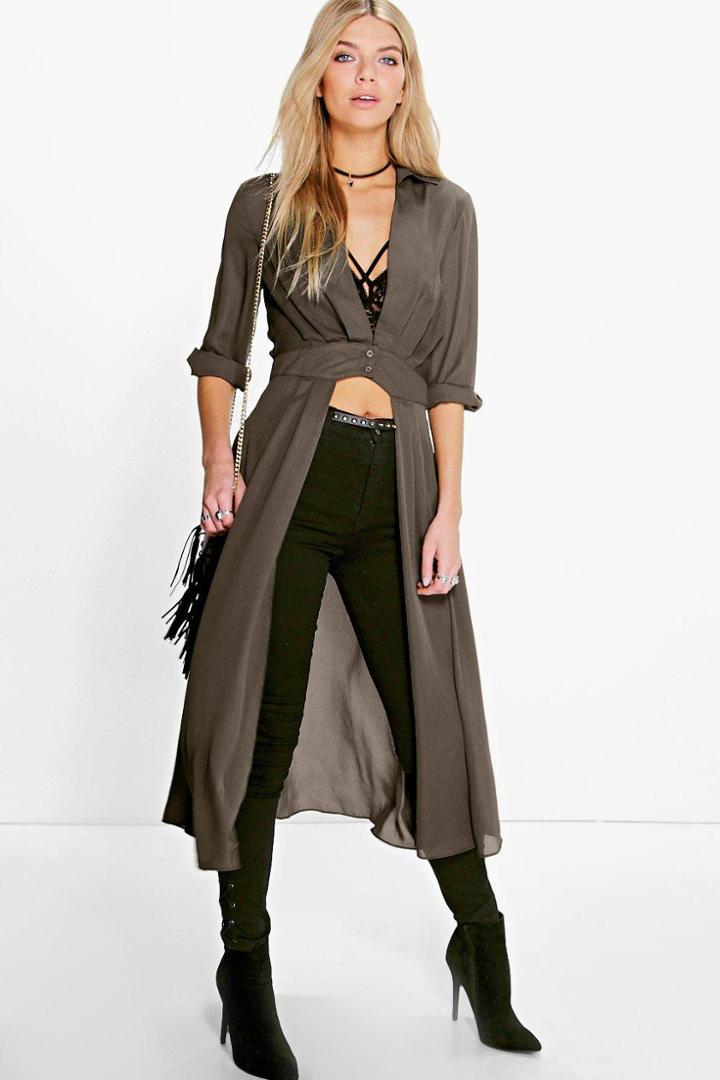 Boohoo Shirley Plunge Neck Split Maxi Shirt Khaki