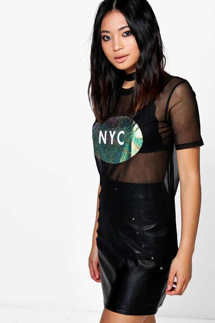 Boohoo Petite Zoey Nyc Mesh Tee Black