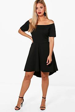 Boohoo Plus Off Shoulder Dipped Hem Skater Dress