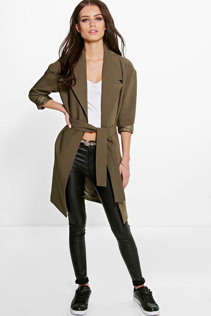 Boohoo Petite Grace Tailored Belted Duster Khaki