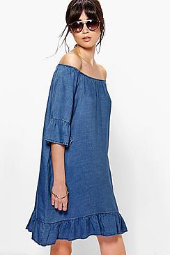 Boohoo Ada Off The Shoulder Ruffle Sleeve Denim Dress