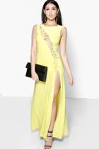 Boohoo Caroline Slinky Asymmetric Lace Up Maxi Dress Yellow